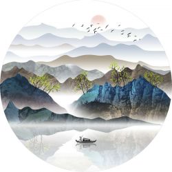 客厅现代简约日出山水风景抽象水晶晶瓷烤瓷装饰画沙发背景墙圆形挂画